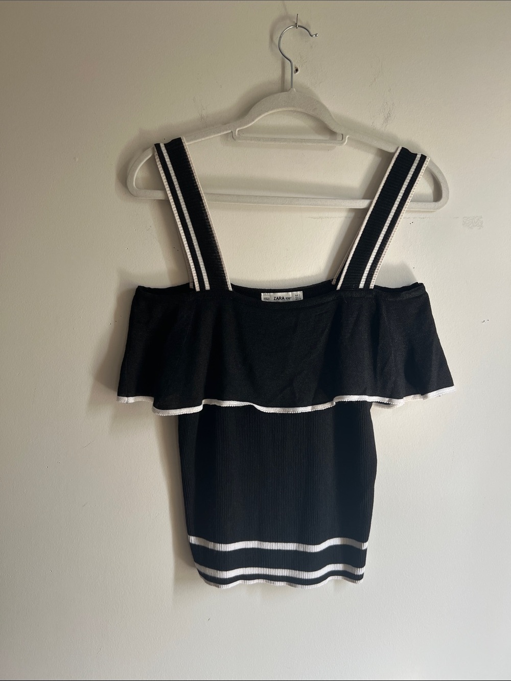 ZARA Black Ruffle Knit Tank Top Cold Off Shoulder White Stripe Trim Cami Sz S